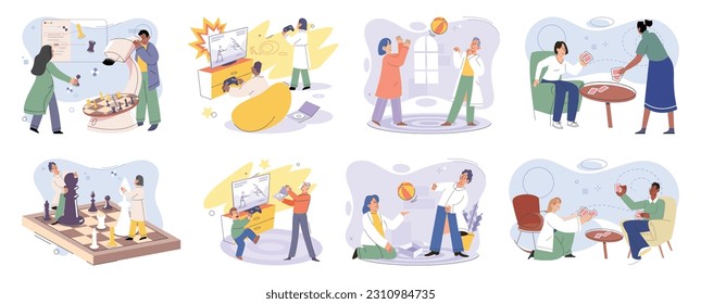 Game together. Family fun. Friendship time. Vector illustration. Happy fun activities like playing games strengthen bond among friends and family Engaging in board game brings people closer and