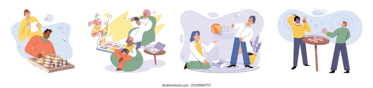 Game together. Family fun. Friendship time. Vector illustration. People playing games together create joyful and vibrant atmosphere The friendship forged through shared gaming experiences truly