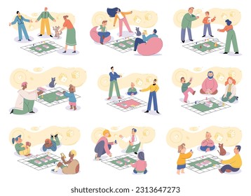 Game together. Family fun. Friendship time. Vector illustration. Board games ignite sense of enthusiasm and curiosity in people The laughter and cheerfulness during friends game night simply