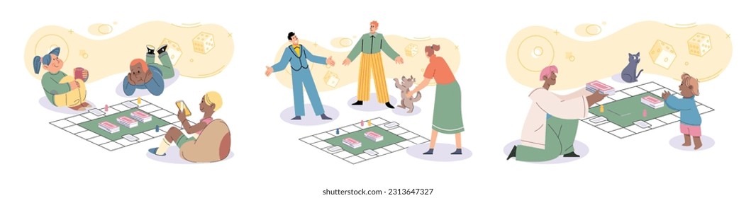 Game together. Family fun. Friendship time. Vector illustration. Lets gather our friends and have game night full of laughter and enjoyment Family time becomes even more special when we engage in