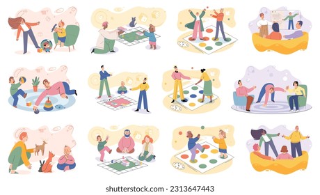 Game together. Family fun. Friendship time. Vector illustration. The spirit of friendship shines bright when playing games together Happy fun activities like playing games strengthen bond among