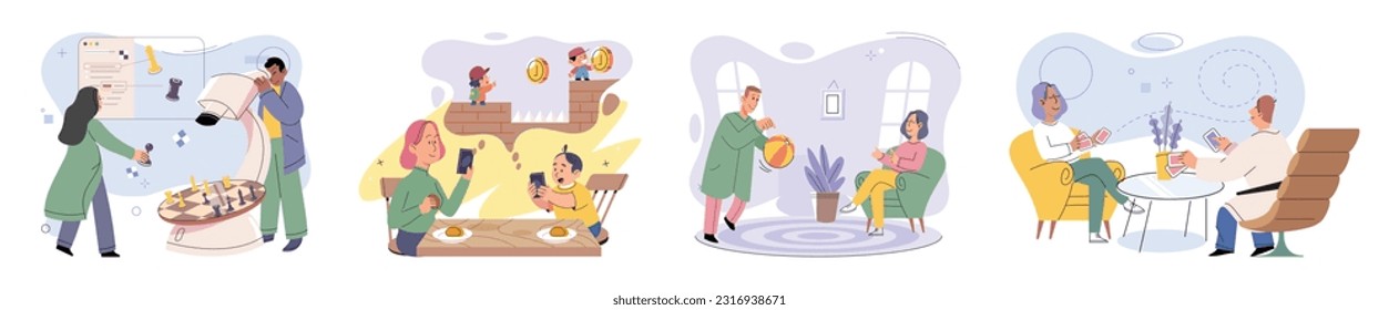 Game together. Family fun. Friendship time. Vector illustration. Happy fun activities like playing games strengthen bond among friends and family Engaging in board game brings people closer and