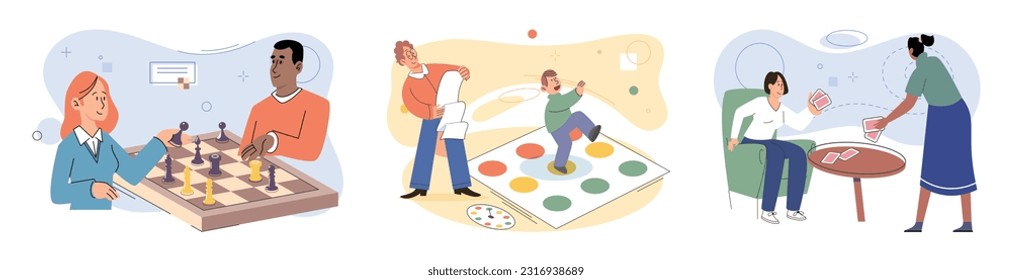 Game together. Family fun. Friendship time. Vector illustration. People playing games together create positive and uplifting environment Family time centered around playing games strengthens family