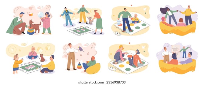 Game together. Family fun. Friendship time. Vector illustration. Engaging in board game with others perfect way to connect and have fun People playing games together foster sense of camaraderie and