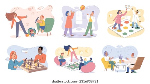 Game together. Family fun. Friendship time. Vector illustration. People playing games together foster sense of camaraderie and teamwork The joy and laughter that fill room during friends game night