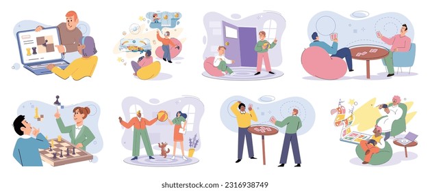 Game together. Family fun. Friendship time. Vector illustration. Engaging in board game brings people closer and encourages healthy competition People playing games together discover new aspects of