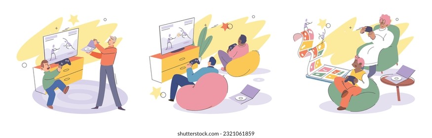 Game together. Family fun. Friendship time. Vector illustration. People playing games together create positive and uplifting environment Family time centered around playing games strengthens family