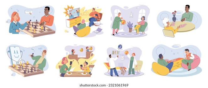 Game together. Family fun. Friendship time. Vector illustration. Playing games with friends brings out competitive spirit and creates unforgettable moments Family game nights cherished tradition that