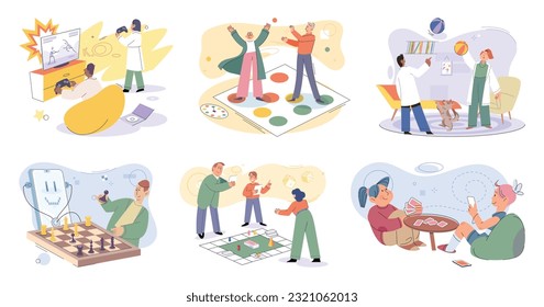 Game together. Family fun. Friendship time. Vector illustration. The characters in game came alive with each players unique strategies and actions Lets gather our friends and have game night full of
