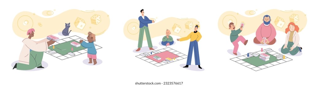 Game together. Family fun. Friendship time. Vector illustration. People playing games together foster sense of camaraderie and teamwork The joy and laughter that fill room during friends game night