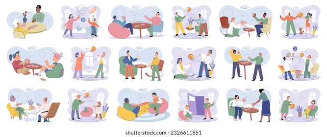 Game together. Family fun. Friendship time. Vector illustration. Playing games with friends sparks joy and deepens connection between individuals Family game nights offer break from everyday