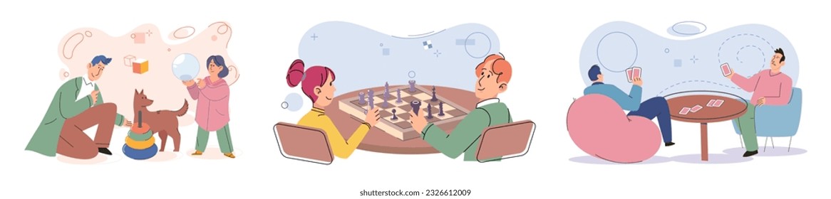 Game together. Family fun. Friendship time. Vector illustration. People playing games together experience moments of shared happiness and laughter Family time spent playing games cultivates sense of