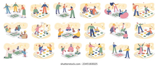 Game together. Family fun. Friendship time. Vector illustration. Board games provide excellent opportunity for quality family time Playing games with friends brings out competitive spirit and creates