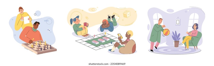 Game together. Family fun. Friendship time. Vector illustration. Family time centered around playing games strengthens family bond and creates lasting traditions Board games stimulate mind and promote