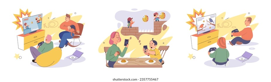 Game together. Family fun. Friendship time. Vector illustration. Engaging in game with others brings out sense of community and togetherness People playing games together create positive and uplifting