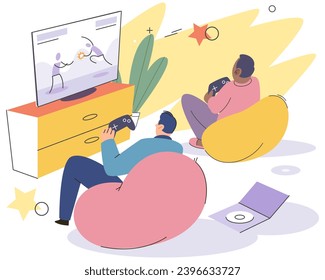 Game together. Family fun. Friendship time. Vector illustration. People playing games together experience moments pure joy and excitement Family time spent playing video games investment in lifelong