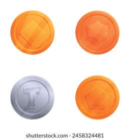 Iconos de fichas de juego Vector de dibujos animados. Moneda con varios símbolos. Símbolo de dinero, elemento de juego