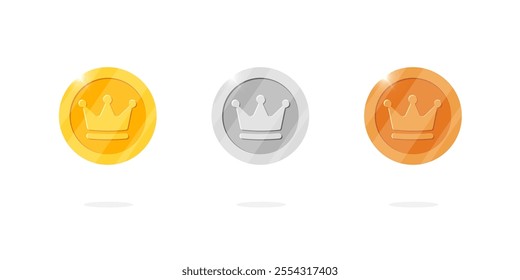 Game tokens set inspired ancient money design. Gold, silver, bronze medal coins featuring crown symbols. Perfect for video game interfaces or app animation, representing casino win and treasure reward