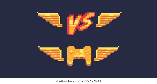 Realização do torneio de jogo. Ícone de estilo de pixel art. Versus Logo. Gamepad dourado. Espíritos de 8 bits. Ativos do jogo. Ilustrações vetoriais abstratas isoladas de pixel art.