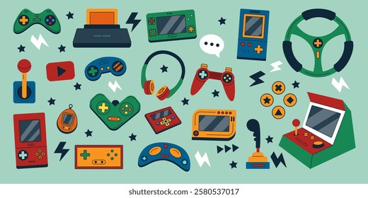 Game toy. Play gadget with buttons. PC hardware. Virtual joysticks. Video arcade gamepads. Analog controllers. Retro design computer technology. Nostalgia gaming elements set. Vector tidy illustration