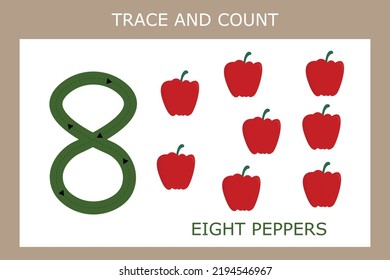 A game of tracing the outlines of the number eight with peppers. Preschool worksheet, kids activity sheet, printable worksheet