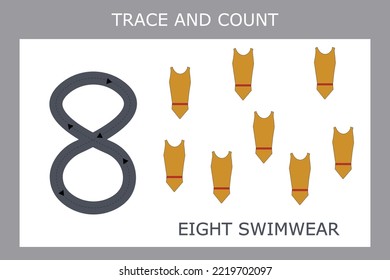 A game of tracing the outlines of the number eight  with swimwear. Preschool worksheet, kids activity sheet, printable worksheet