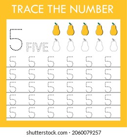 A game of tracing the outlines of the number five with funny fruits pears. Preschool worksheet, kids activity sheet, printable worksheet