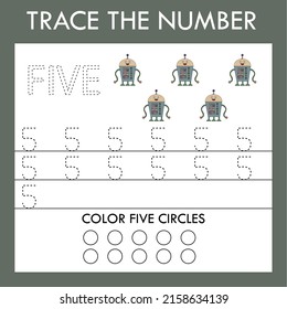 A game of tracing the outlines of the number five with funny robots . Preschool worksheet, kids activity sheet, printable worksheet