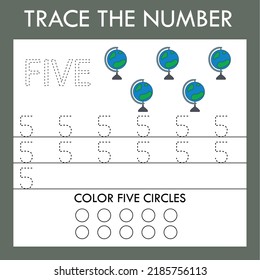 A game of tracing the outlines of the number five with globes. Preschool worksheet, kids activity sheet, printable worksheet