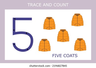 A game of tracing the outlines of the number five with coats . Preschool worksheet, kids activity sheet, printable worksheet