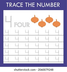 A game of tracing the outlines of the number four  with onions. Preschool worksheet, kids activity sheet, printable worksheet