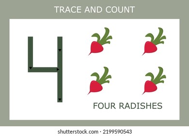 A game of tracing the outlines of the number four with radish . Preschool worksheet, kids activity sheet, printable worksheet