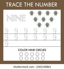 A game of tracing the outlines of the number nine with funny robots . Preschool worksheet, kids activity sheet, printable worksheet