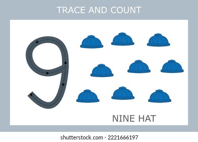 A game of tracing the outlines of the number nine  with hat. Preschool worksheet, kids activity sheet, printable worksheet