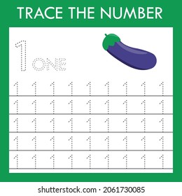 A game of tracing the outlines of the number one with eggplants. Preschool worksheet, kids activity sheet, printable worksheet