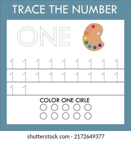 A game of tracing the outlines of the number one with watercolor paint . Preschool worksheet, kids activity sheet, printable worksheet