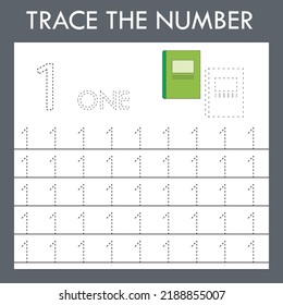 A game of tracing the outlines of the number one with notebook . Preschool worksheet, kids activity sheet, printable worksheet