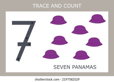 A game of tracing the outlines of the number seven  with panamas. Preschool worksheet, kids activity sheet, printable worksheet