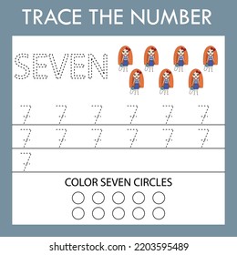 A game of tracing the outlines of the number seven  with  dolls. Preschool worksheet, kids activity sheet, printable worksheet