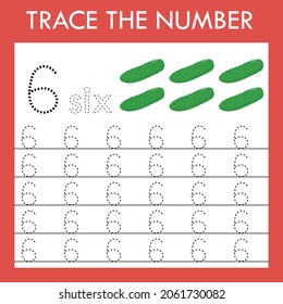 A game of tracing the outlines of the number six with cucumbers. Preschool worksheet, kids activity sheet, printable worksheet