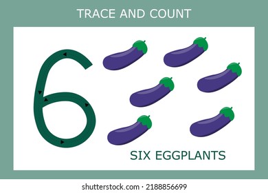A game of tracing the outlines of the number six with  eggplants . Preschool worksheet, kids activity sheet, printable worksheet