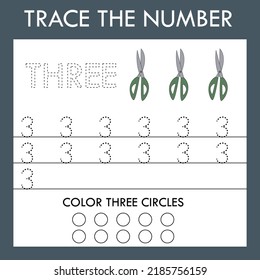 A game of tracing the outlines of the number three with scissors . Preschool worksheet, kids activity sheet, printable worksheet
