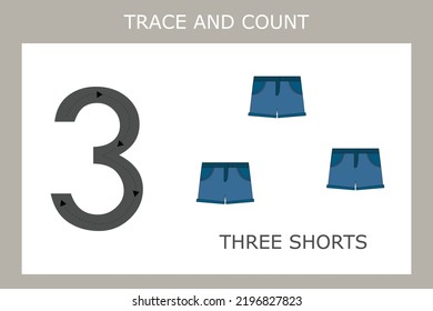 A game of tracing the outlines of the number three with shorts . Preschool worksheet, kids activity sheet, printable worksheet