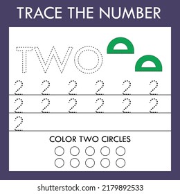 A game of tracing the outlines of the number two with green rullers . Preschool worksheet, kids activity sheet, printable worksheet