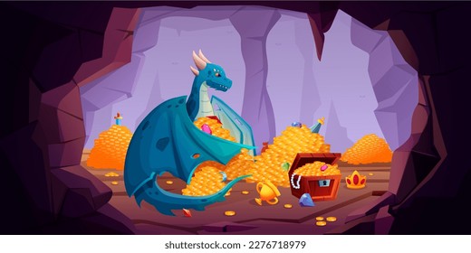 Game treasure cave. Dragon with chest and golden heaps. Fantasy funny knight fairy tale. Angry beast. Mythical characters. Guard precious gems and gold. Vector recent cartoon illustration