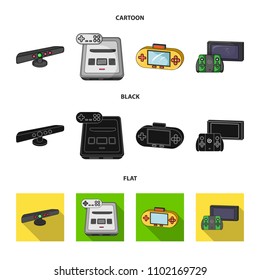 Game and TV set-top box cartoon,black,flat icons in set collection for design.Game Gadgets vector symbol stock web illustration.