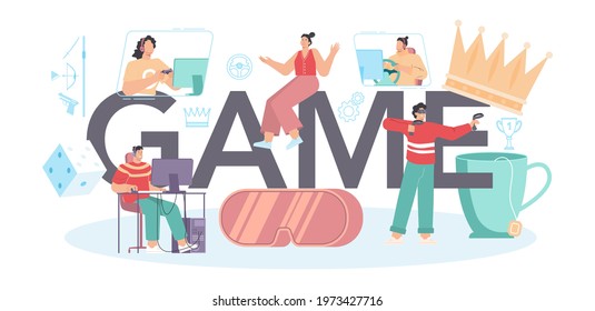 Game typographic header. Person play on the computer video game. E-sports comunity, pro streamer. Virtual championship, VR competition. Vector illustration in cartoon style