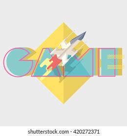 Game. Typographics modern illustration with starship in battle 