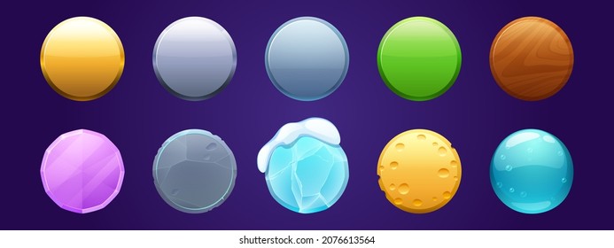 Game Ui App Icons, Round Buttons, Cartoon Menu Interface Textured Blocks. Gui Graphic Design Elements Ice Crystal, Wooden, Stone, Metal And Cheese With Pink Gemstone User Panel Isolated 2d Vector Set