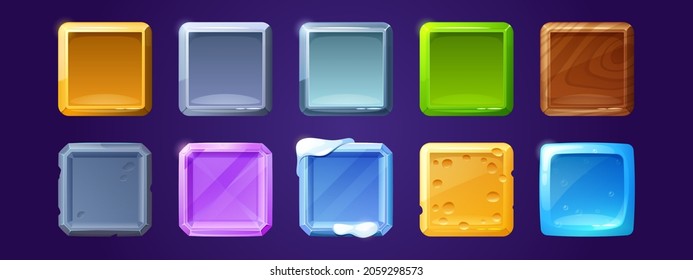 Game ui app icons, square buttons, cartoon menu interface textured blocks. Gui graphic design elements ice crystal, wooden, stone, metal and cheese with pink gemstone user panel isolated 2d vector set